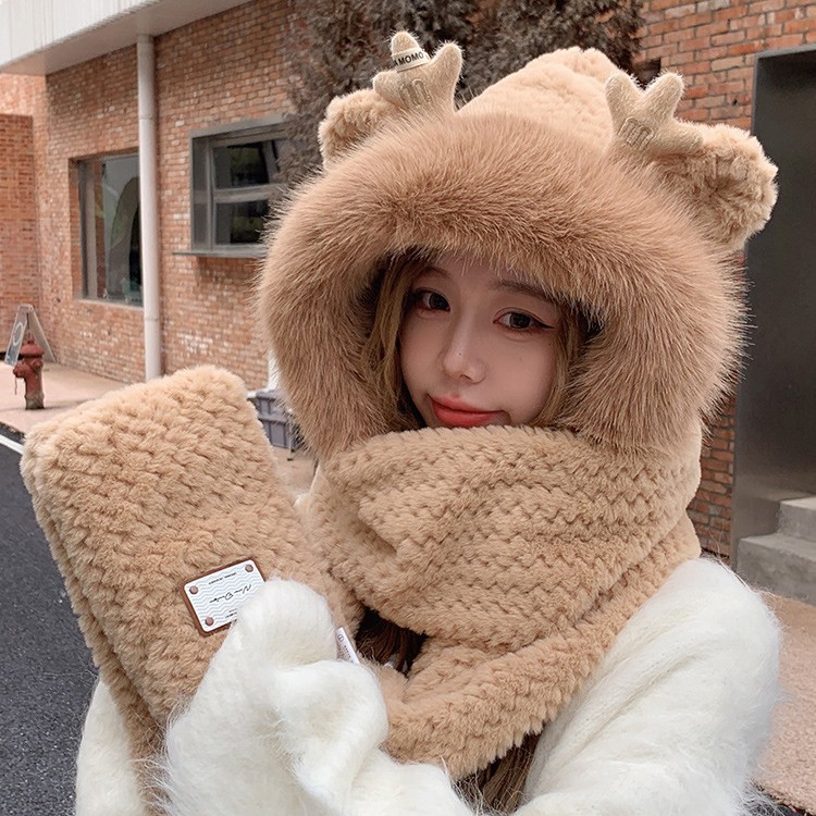 (2개) 모자 여성의 가을과 겨울 귀여운 드래곤 뿔 푹신한 모자 두꺼운 따뜻한 스카프 원피스 후드 스카프 장갑 3 피스 세트