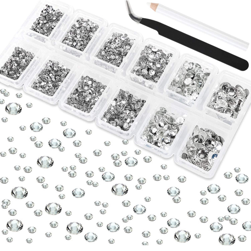 3200 white glass round flat drill 6 size nail art tweezers pick pen clothes shoes hat ornaments