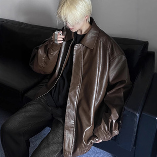 Maillard brown Leather Jacket Men's Spring Autumn and Winter Thickened Loose plus size Trendy Retro Moto PU Leather Jacket