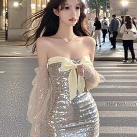 银色一字领蝴蝶结设计网纱长袖细闪连衣裙女秋季法式千金包臀短裙