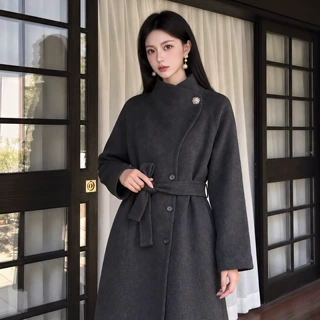 冬季新中式轻奢设计款双面毛呢大衣女立领百搭羊毛长款外套 P9054