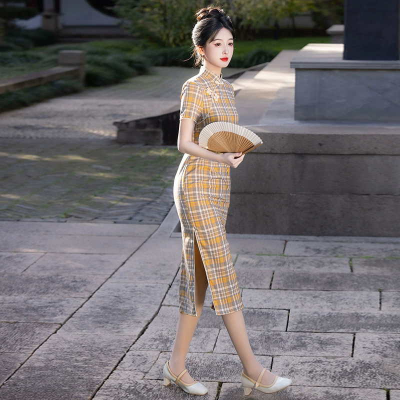 Национальный стиль решетчатый чонсам новый ретро литературный жемчужный воротник