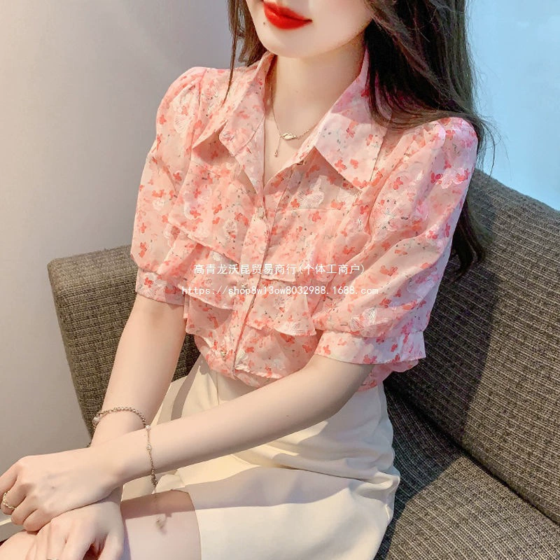 Новая шифоновая рубашка с короткими рукавами и цветочным принтом, женская рубашка, лето 2024, модная рубашка с рюшами, уменьшающий возраст топ для женщин