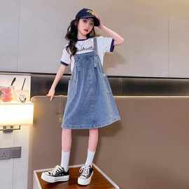 女童牛仔背带裙夏季2025新款洋气纯棉短袖儿童套装连衣裙两件套潮