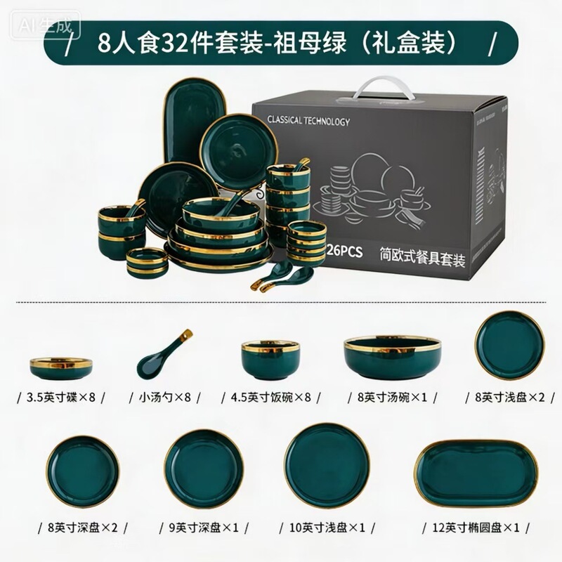 Cross-Border Light Luxury Gold-Edged Marble-Patterned Peacock Green and White Ceramic Dinnerware Set for Home Use, 32-Piece Gift Box Set Cross-Border Light Luxury Gold-Edged Marble-Patterned Peacock Green and White Ceramic Dinnerware Set for Home Use, 32-Piece Gift Box Set
