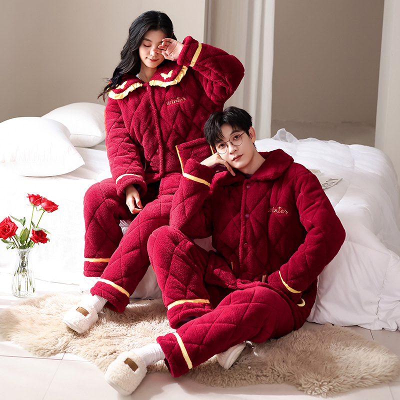 따뜻한 커플 잠옷 겨울 3 층 두꺼운 산호 양털 면 패딩 자켓 플러스 사이즈 빨간 가족 년 웨딩 홈 옷