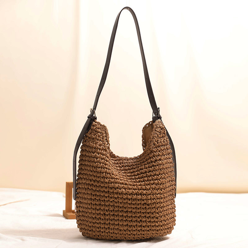 Fashion Large Capacity Straw Crossbody Bag New PU Shoulder Strap Solid Color Woven Bag for Women Beach Vacation - Thumbnail 7