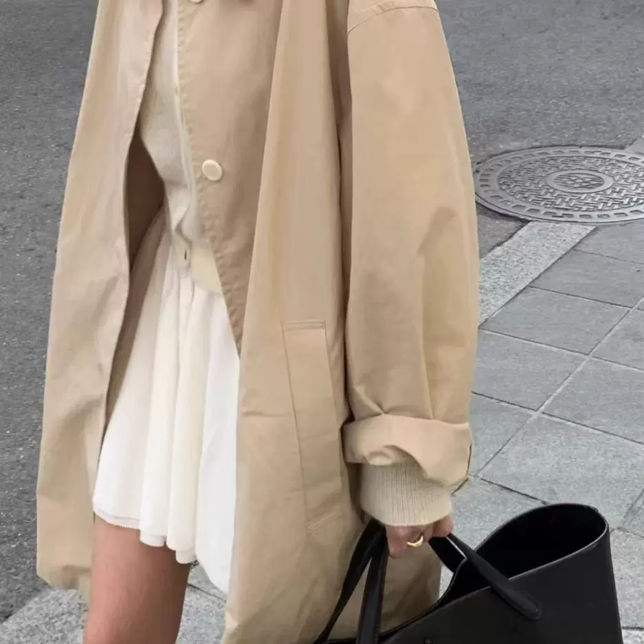 不退不换 2025秋季新款韩国东大门OU*CE纯色简约百搭宽松风衣外套