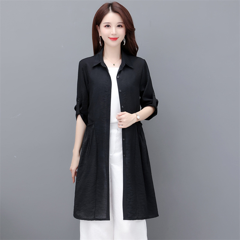 Middle-Aged Mother's Summer Sun Protection Clothing Women's Thin Mid-Length Outer Pure Color Cardigan Jacket Fashionable Versatile Windbreaker