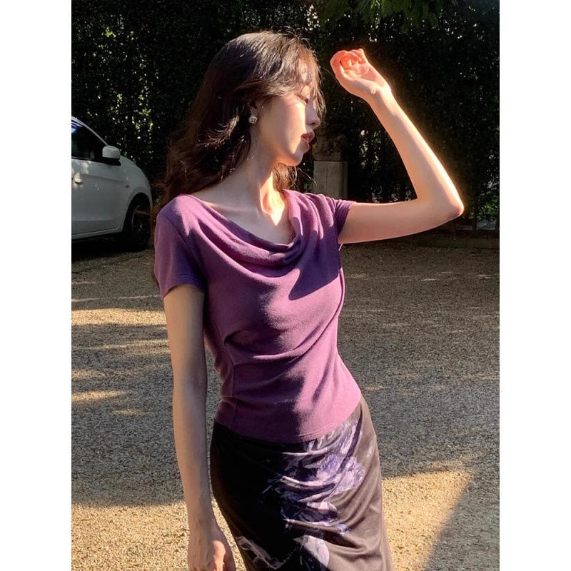 260克莫代尔紫色不规则修身荡领短款上衣女设计感小众正肩短袖T恤|undefined