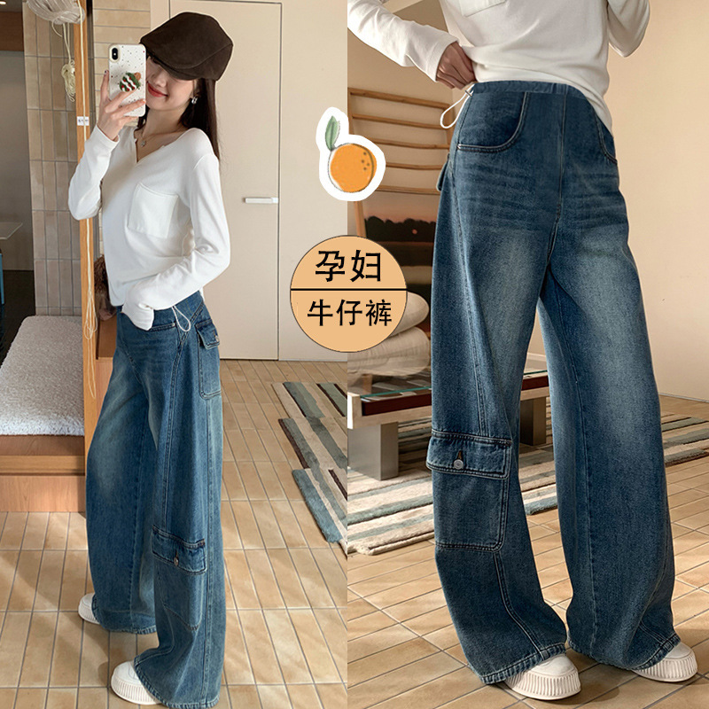 Maternity Fleece-Lined Thick Retro Blue Pocket Cargo Jeans Autumn and Winter Loose Slimming Wide-Leg Straight Pants