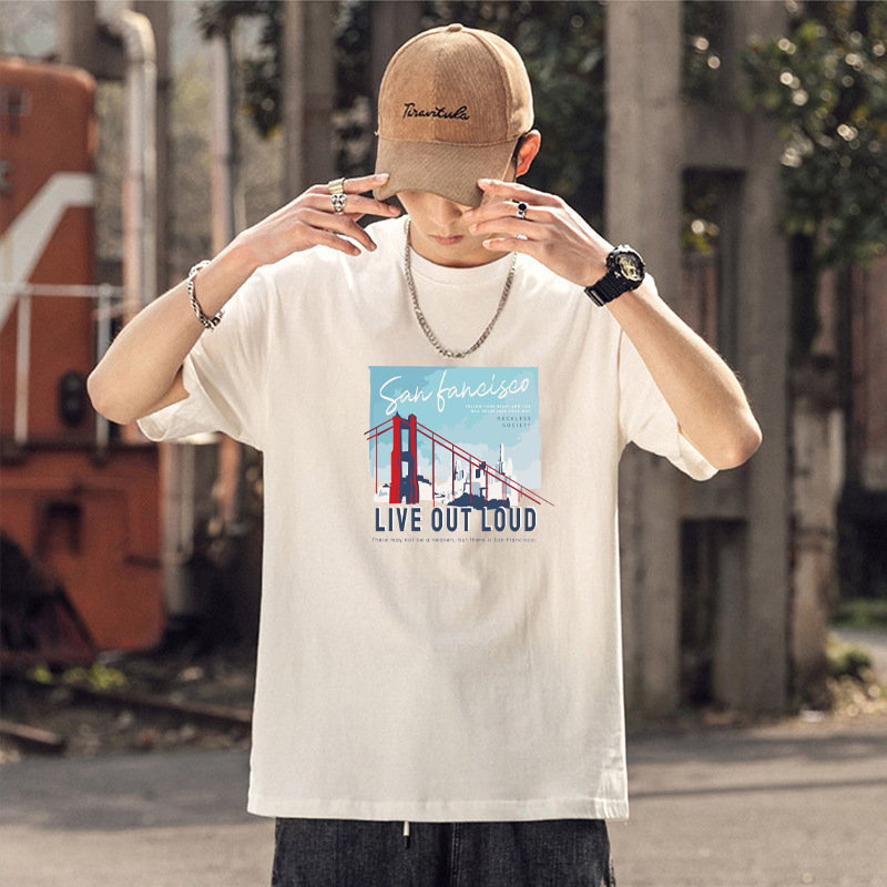 Camiseta de manga corta de los hombres de algodón de manga corta pie 230G pesada suelta marca de moda verano cuello redondo Camiseta de los hombres