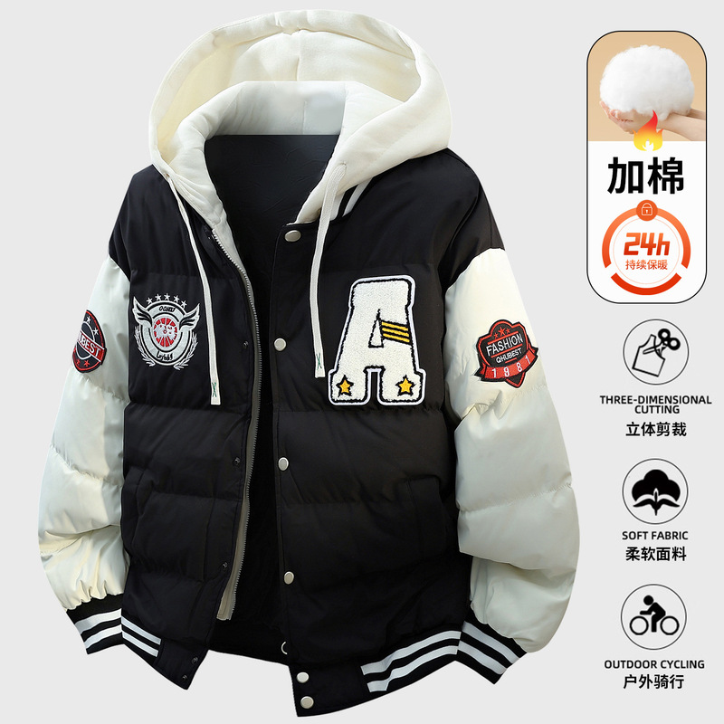 Cross-Border Plus-Size Men's down Cotton Jacket, Thickened Oversized Towel Embroidered Faux Two-Piece Puffer Jacket, Couple's down Cotton