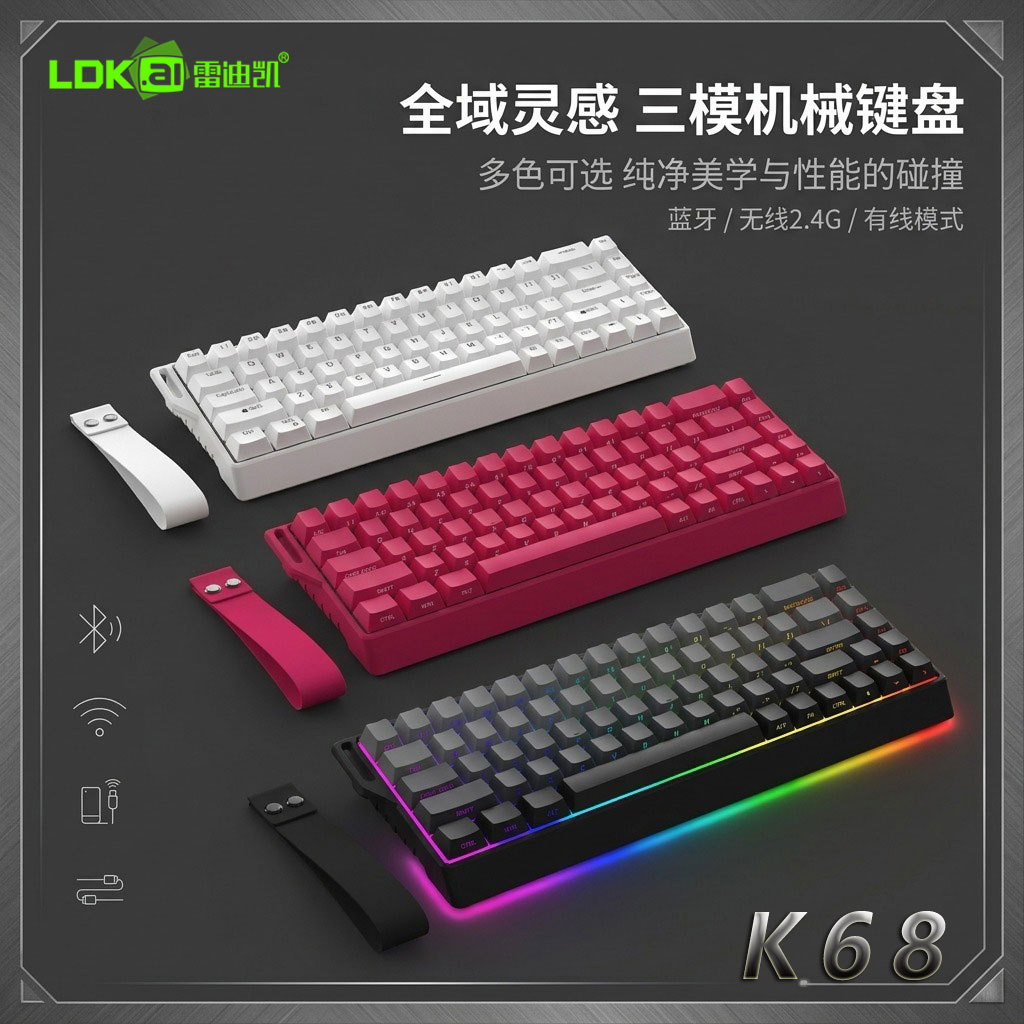 K68三模机械键盘RGB背光68键侧刻蓝牙无线有线游戏电竞办公键盘