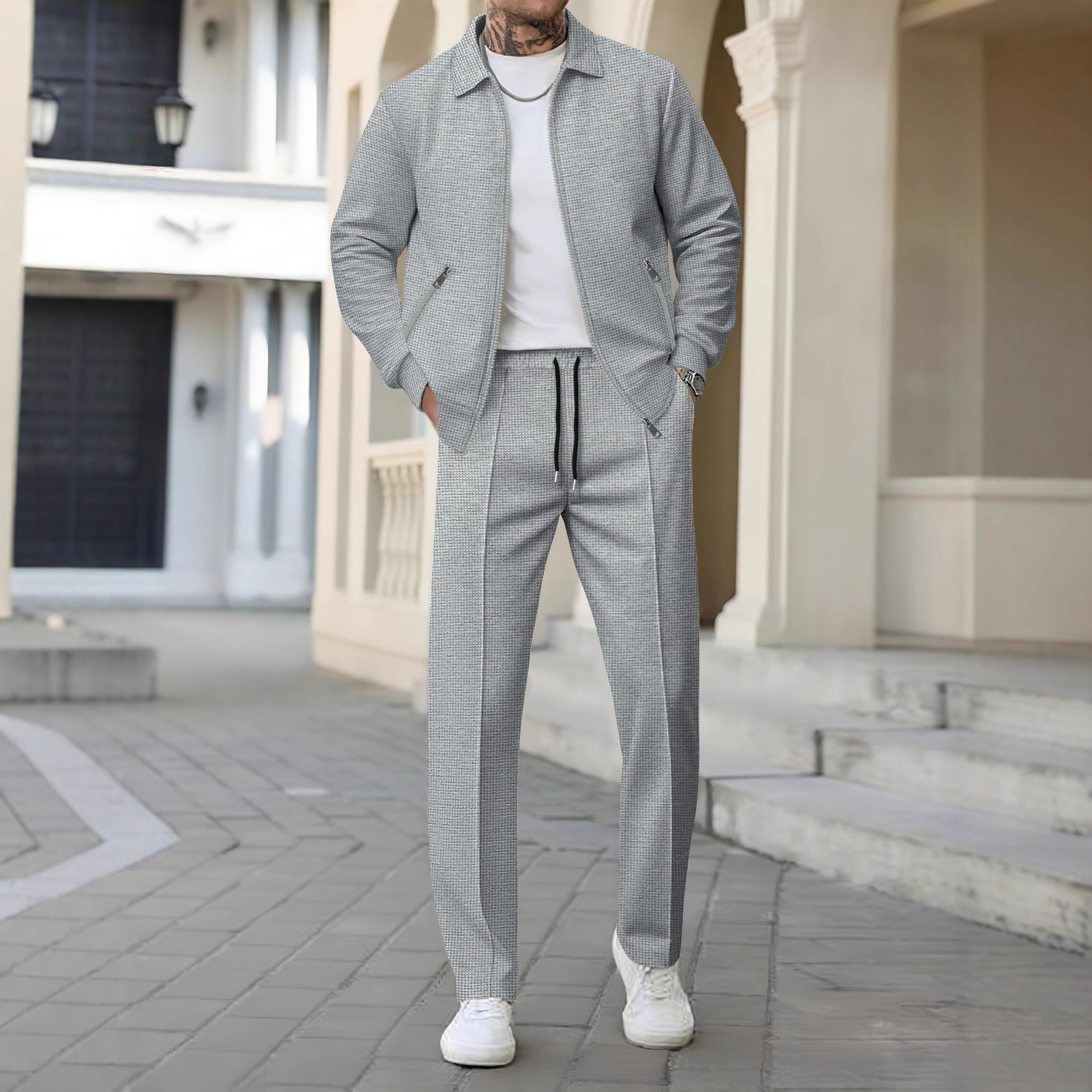 2025 Cross-Border Jacket Men's Autum Youth Zipper Flap Pocket Pants Lapel Slim Cardigan Men's Jacket Two-Piece Suit