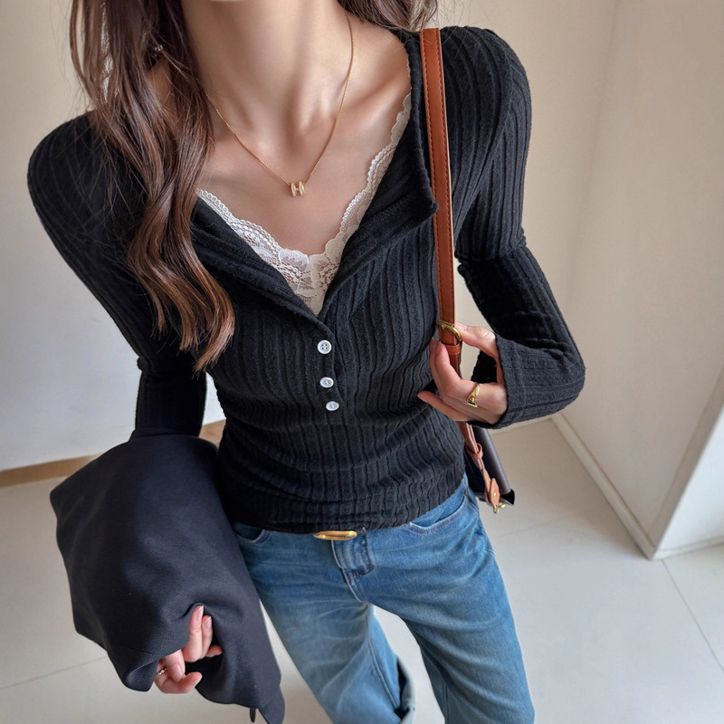 Special Clearance Sale!! American-Style Lace Patchwork Design Long-Sleeve T-Shirt for Women, Slim-Fit Base Layer Top for Autumn and Winter