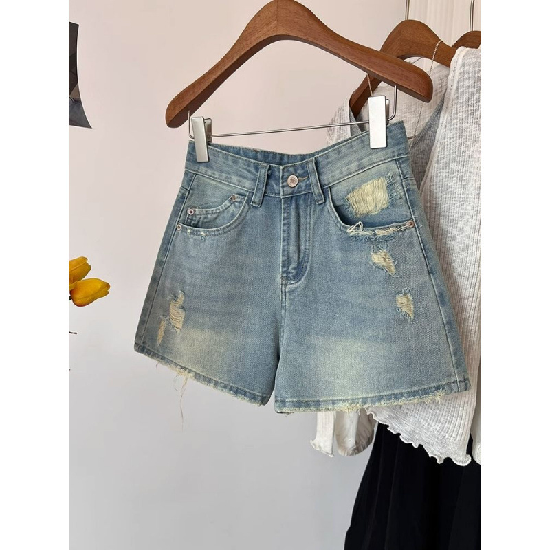 2025 New Light-Colored Retro Ripped Denim Shorts for Women, Plus Size, Summer Thin Style, Spicy Girl Style, A-Line Wide-Leg Hot Pants 2025 New Light-Colored Retro Ripped Denim Shorts for Women, Plus Size, Summer Thin Style, Spicy Girl Style, A-Line Wide-Leg Hot Pants