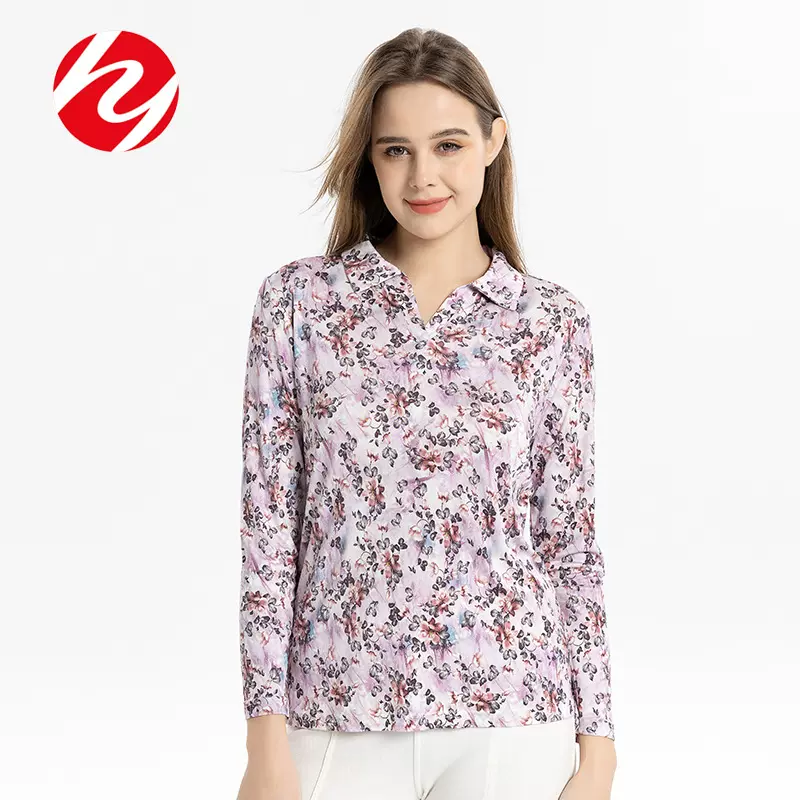 华业真丝长袖T恤女秋季印花翻领桑蚕丝中老年女装薄款套头打底衫