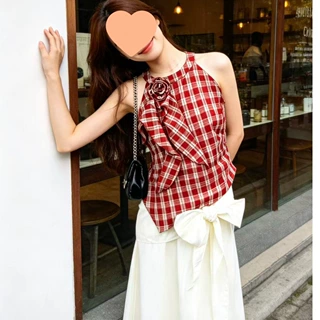 2026夏季新款韩版立体花朵不规则背心高腰遮跨杏色中长裙两件套装