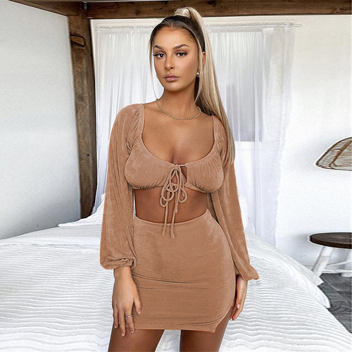 European and American Fashion Women's Autumn New Sexy Square Collar Strappy Long Sleeve Short-sleeve Top Set for Women