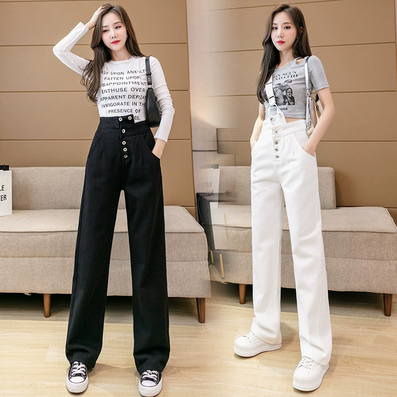 Real Shot 2021 Новые джинсы интернет-знаменитостей в том же стиле, белые прямые джинсы до пола с высокой талией, женские широкие брюки для папы на одном ремешке