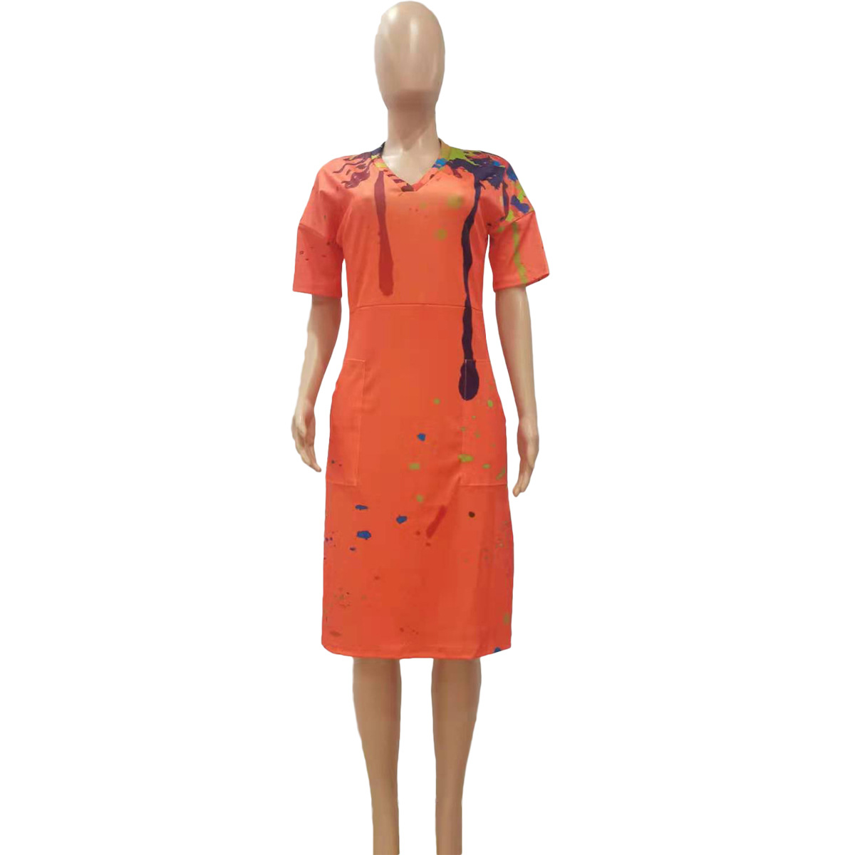 Loose Splashed Ink Printing V neck Casual Dress with Pocket