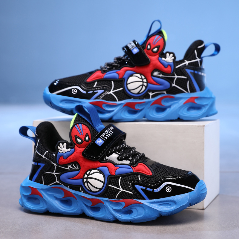 Zapatos para niños con lámparas Spider-Man 2025 zapatos deportivos de otoño de cuero antideslizante zapatos de correr ligeros para niños