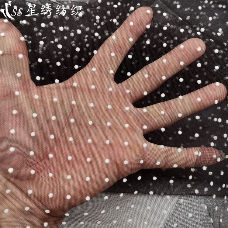 锦纶网纱面料特密美国网植绒0.3cm小圆点女装裙子舞台童装DIY布料