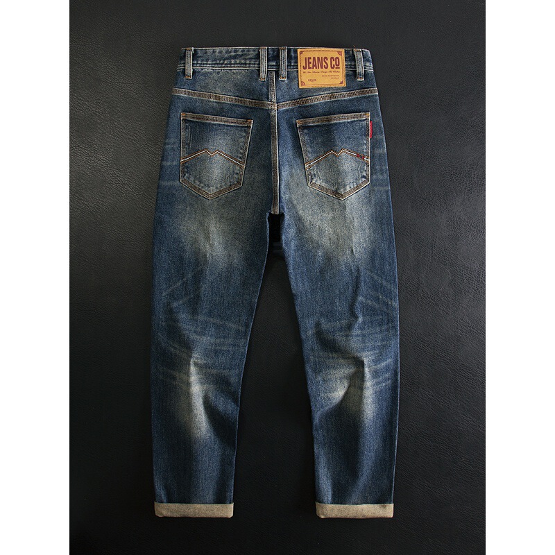 High-End Light Luxury Men's Slim Straight Stretch Jeans Trendy Retro Washed Distressed Versatile Casual Autumn and Winter Style