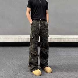 美式街头多口袋迷彩工装裤男女青少年设计感褶皱显瘦直筒休闲裤子