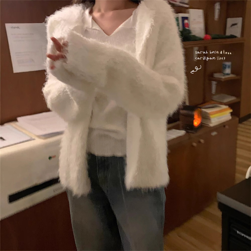 in stock Loose Single-breasted Hairy Navy Collar Sweater Dongdaemun Korean Women's Knitted Cardigan