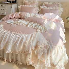 法式公主风夹棉床盖款全棉四件套纯棉高级感蕾丝花边少女被套床单