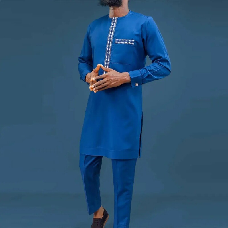 Kaftan Men's Suit African Ethnic Style Long Sleeve Embroidery Pocket 2 Piece Set Men's Holiday Wedding Suit