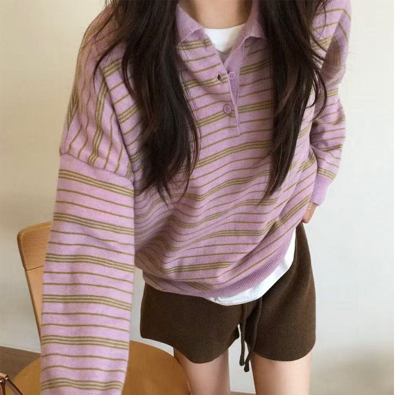 现货！韩国代购2025早秋新款复古条纹长袖polo领针织衫女韩系毛衣