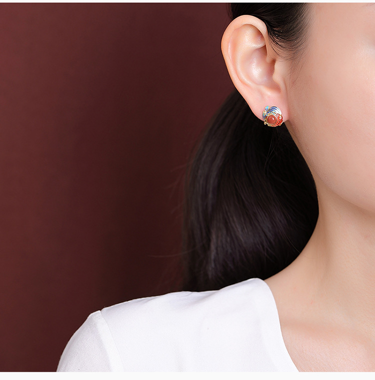 Khuyên tai nữ bạc S925 mạ vàng đính đá ngọc bích hình cá chép men retro — Mẫu đỏ nam chi tiết 6
