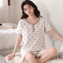 夏季新款纯棉女短袖短裤套头睡衣网红修身女家居服图片色圆领居家
