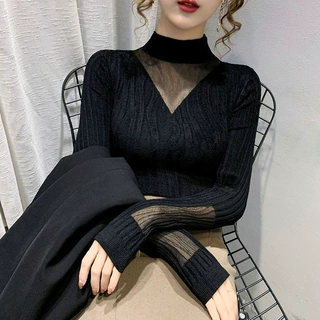 黑色蕾丝秋冬内搭半高领薄款毛衣女新款外穿时尚针织打底衫上衣潮