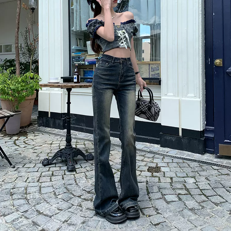 美式复古辣妹做旧微喇牛仔裤女2025年春夏新款高腰修身显瘦喇叭裤