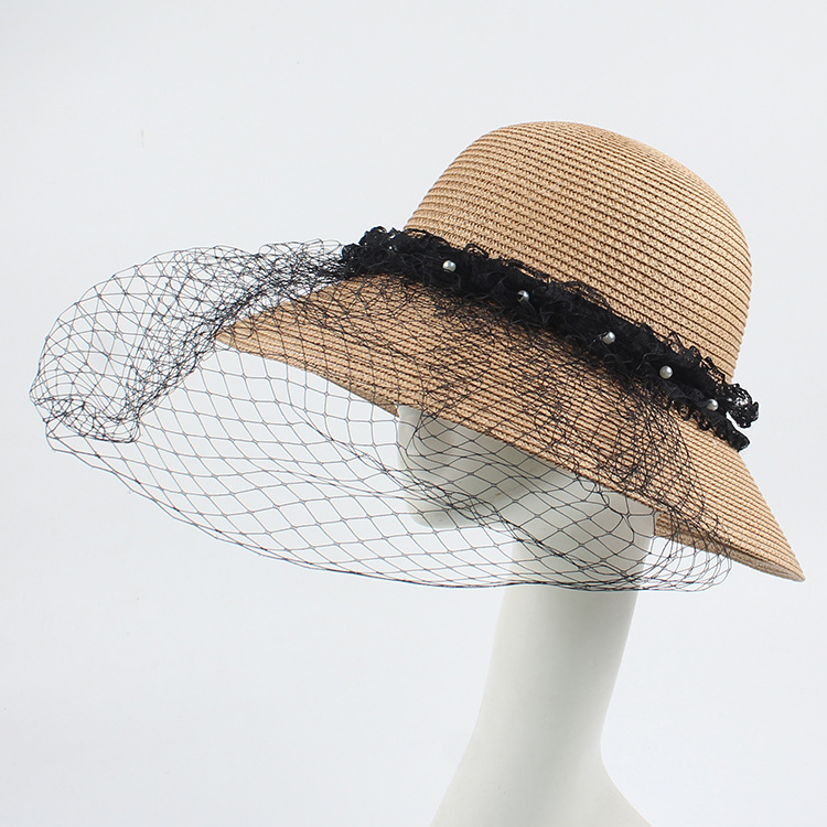 Fashion Pearl Net Yarn Sunshade Straw Fisherman Hat display picture 11