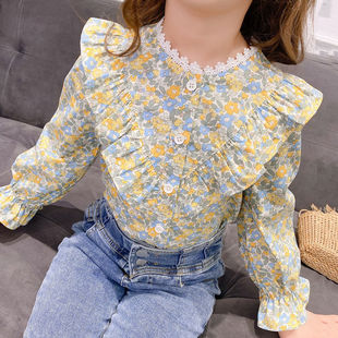 Girls' Floral Shirt Spring 2025 New Girls' Western Style Ruffled Long Sleeve Shirt Children's Shirt