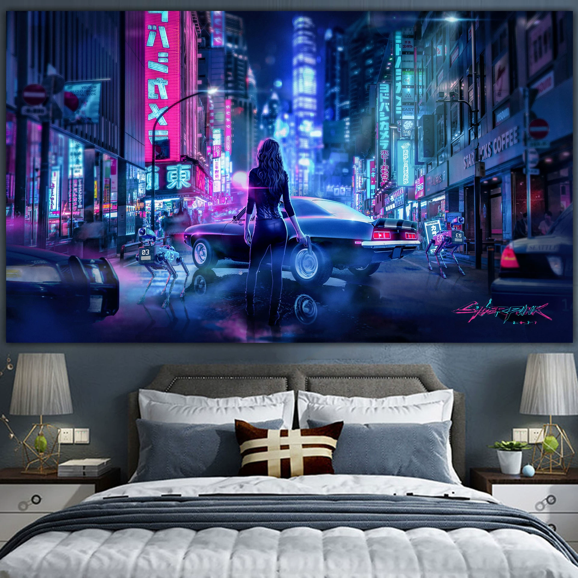 Постер cyberpunk неоновый город, размеры 38×65 см, 85×155 см, 110×200 см