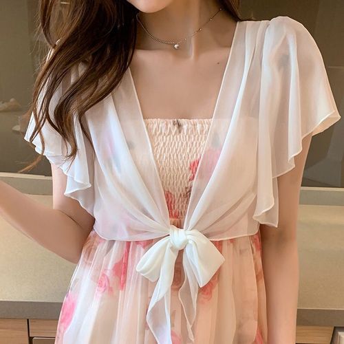 Summer chiffon women's shoulder wrap with spaghetti straps, cloak dress, small square neck, outerwear with sunscreen sweater, fairy coat, thin jacket