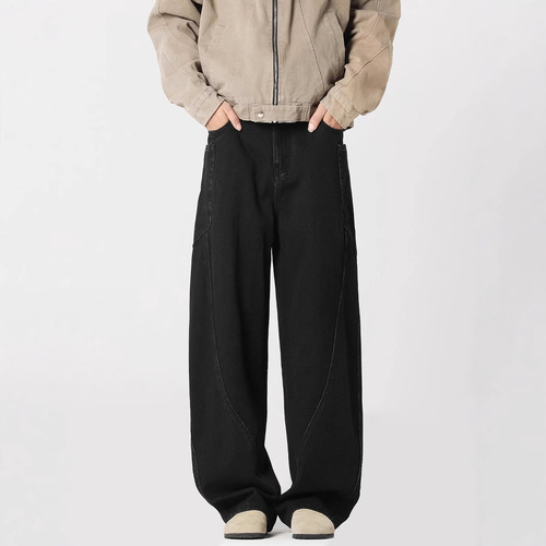 American Washed Bended Knife Workwear Jeans for Men Spring and Autumn Season Streetwear Brand Splicing Loose Wide Leg Pants High Street Straight Leg Casual