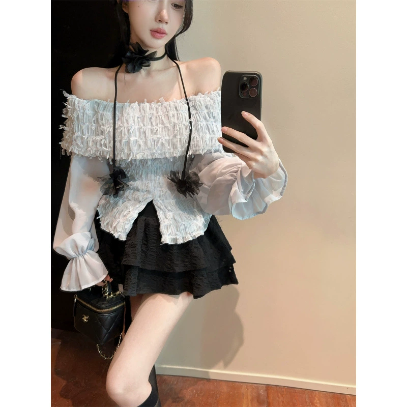Winter skirt with tassels, set, open shoulders, flowered