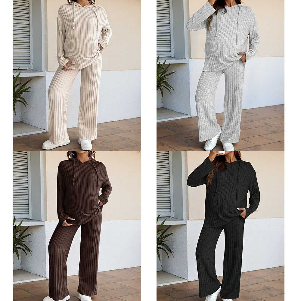 Hooded drawstring ribbed knit two-piece set, long-sleeve sweatshirt top and wide-leg pants, casual outing outfit for pregnancy