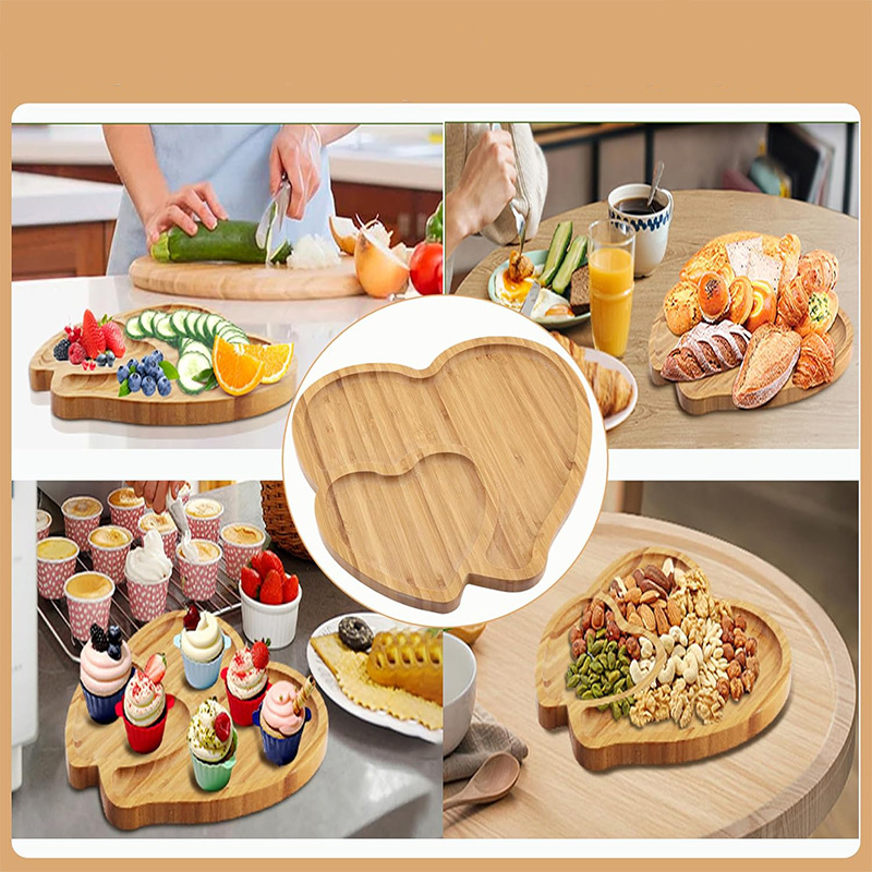 Bandeja de amor de bambú, en forma de corazón, bandeja de comedor de madera de bambú creativo, vajilla de cocina, bandeja de madera de queso de frutas, bandeja de madera maciza