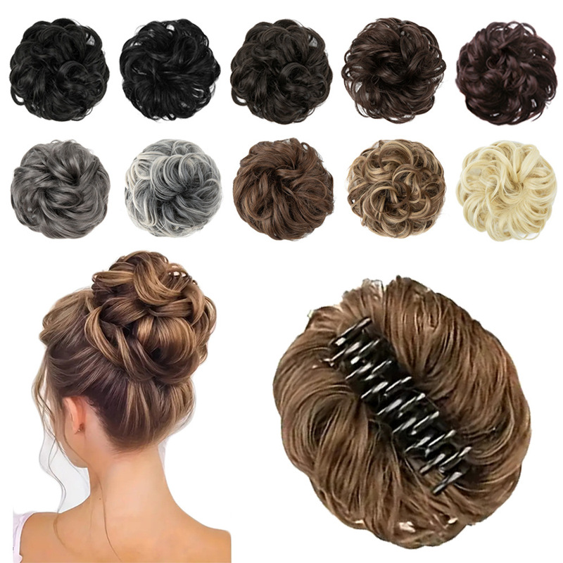 in stock wholesale cross-border high-temperature silk wig large grab clip women's fluffy natural plate bun lazy messy wig bag