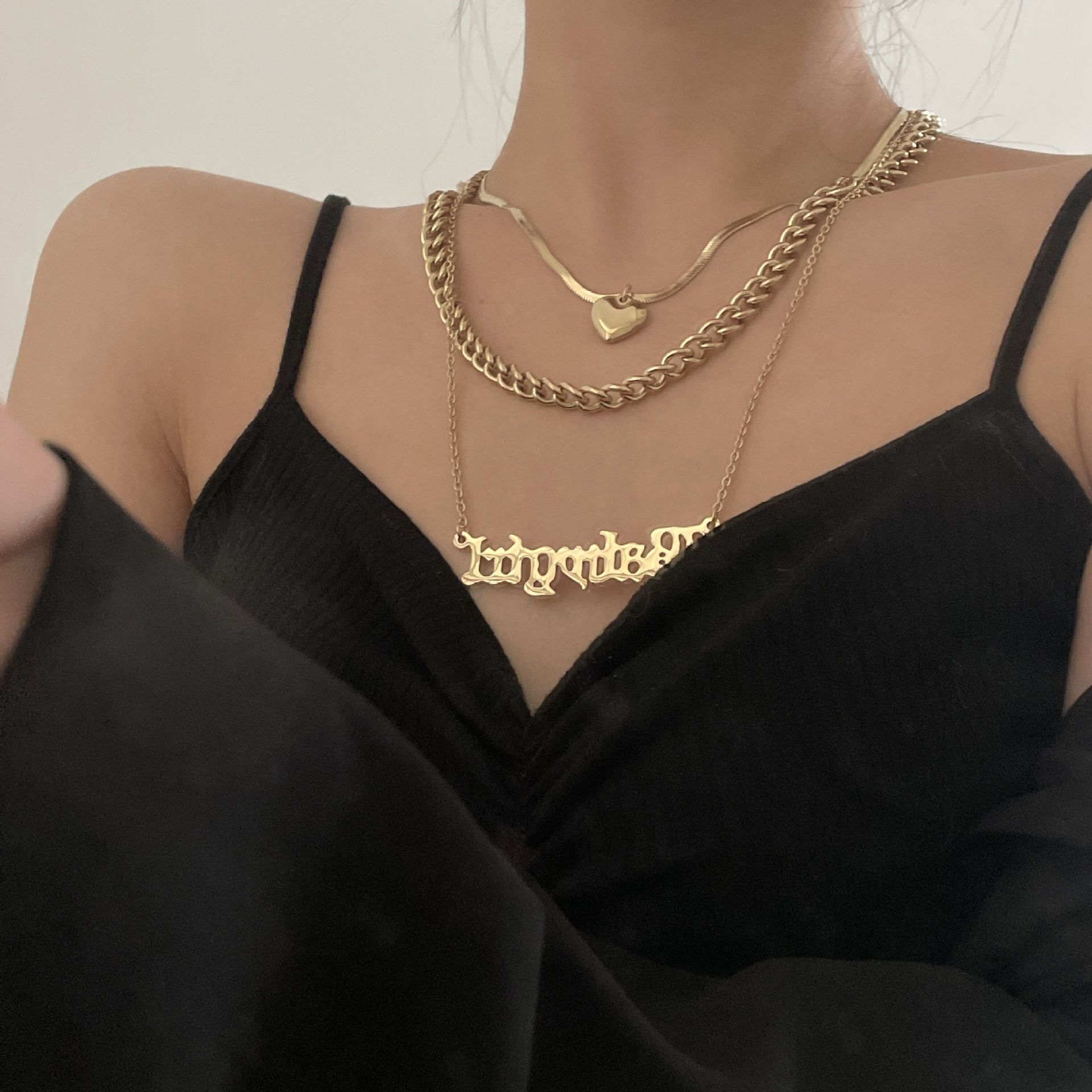 Fashion Three-layer Heart Titanium Steel 18k Gold-plated Letter Pendant Clavicle Chain display picture 2