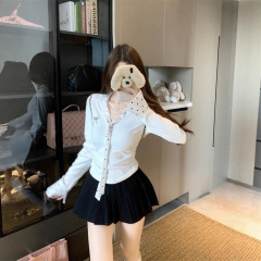 白色波点拼接polo衫内搭打底衫女早秋季新款修身短款长袖t恤上衣