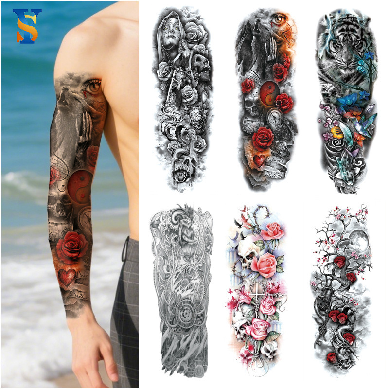 Cross-border Wholesale Full Arm Tattoo Sticker Waterproof Long-lasting Simulation Temporary Tattoo Flower Arm Big Figure Fashion Tattoo Sticker for Men and Women